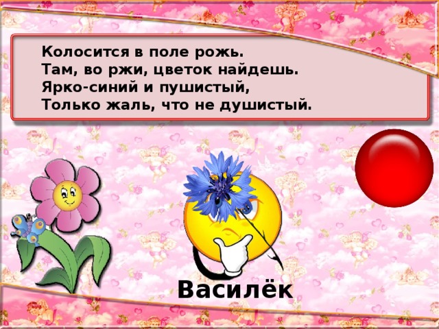 Колосится в поле рожь. Там, во ржи, цветок найдешь. Ярко-синий и пушистый, Только жаль, что не душистый. Василёк