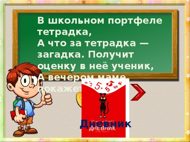 В школьном портфеле тетрадка, А что за тетрадка — загадка. Получит оценку в неё ученик, А вечером маме покажет… Дневник