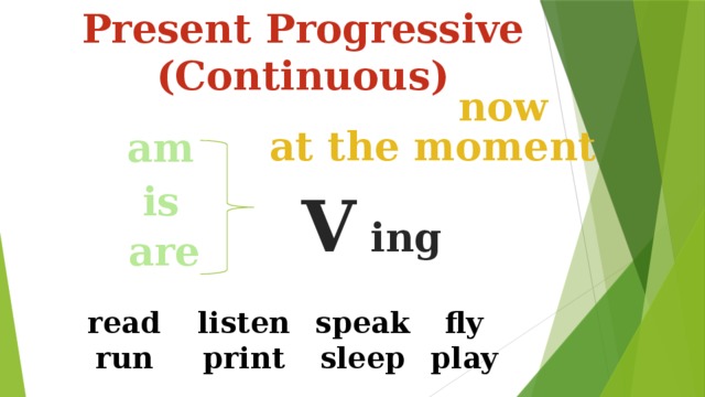 Present Progressive (Continuous) now at the moment am is V ing are read listen speak fly run print sleep play