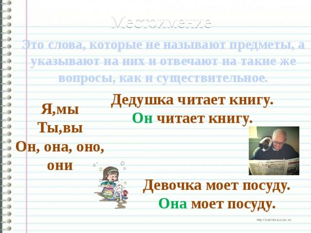 Местоимение Это слова, которые не называют предметы, а указывают на них и отвечают на такие же вопросы, как и существительное. Дедушка читает книгу. Он читает книгу. Я,мы Ты,вы Он, она, оно, они Девочка моет посуду. Она моет посуду.