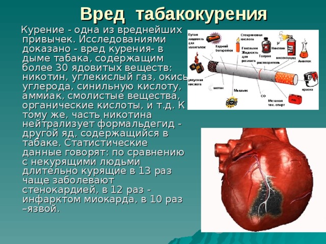 Вред табакокурения  Курение - одна из вреднейших привычек. Исследованиями доказано - вред курения- в дыме табака, содержащим более 30 ядовитых веществ: никотин, углекислый газ, окись углерода, синильную кислоту, аммиак, смолистые вещества, органические кислоты, и т.д. К тому же, часть никотина нейтрализует формальдегид - другой яд, содержащийся в табаке. Статистические данные говорят: по сравнению с некурящими людьми длительно курящие в 13 раз чаще заболевают стенокардией, в 12 раз - инфарктом миокарда, в 10 раз –язвой.