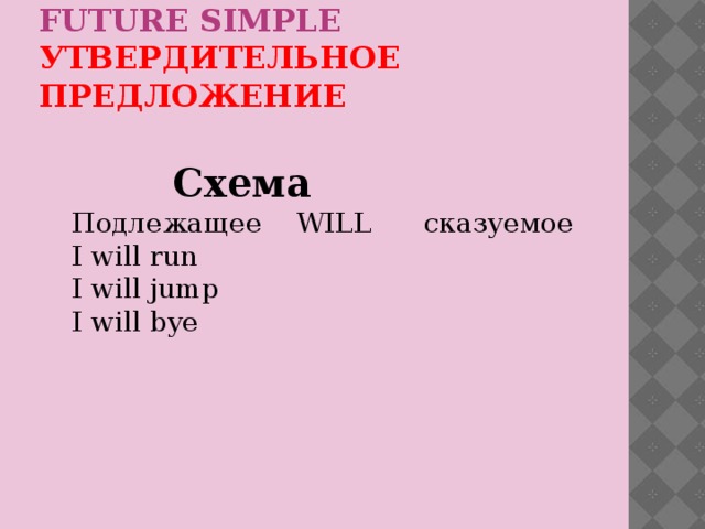 Future simple утвердительное предложение     Схема  Подлежащее WILL сказуемое  I will run  I will jump  I will bye