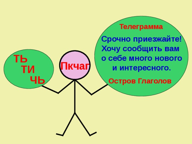 Телеграмма Срочно приезжайте! Хочу сообщить вам о себе много нового и интересного. ТЬ Пкчаг ТИ ЧЬ Остров Глаголов