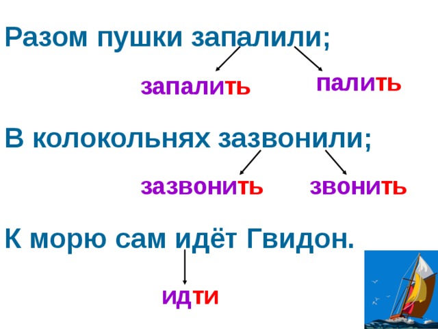 Разом пушки запалили ;   В колокольнях зазвонили ;   К морю сам идёт Гвидон. пали ть запали ть зазвони ть звони ть ид ти