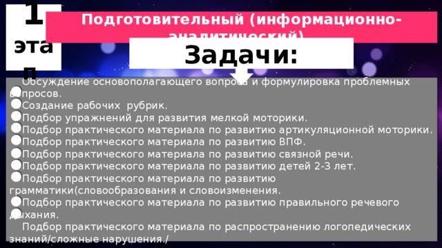 1 этап Подготовительный (информационно-аналитический). Задачи:  Обсуждение основополагающего вопроса и формулировка проблемных вопросов.  Создание рабочих рубрик.  Подбор упражнений для развития мелкой моторики.  Подбор практического материала по развитию артикуляционной моторики.  Подбор практического материала по развитию ВПФ.  Подбор практического материала по развитию связной речи.  Подбор практического материала по развитию детей 2-3 лет.  Подбор практического материала по развитию грамматики(словообразования и словоизменения.  Подбор практического материала по развитию правильного речевого дыхания.  Подбор практического материала по распространению логопедических знаний/сложные нарушения./