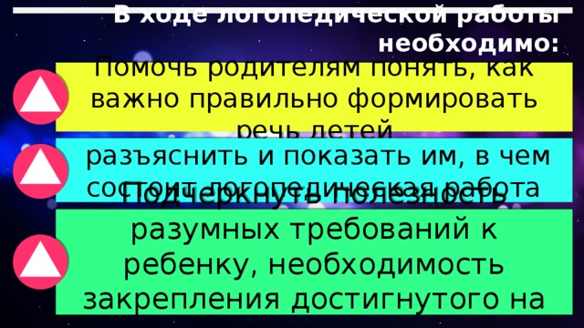 В ходе логопедической работы необходимо: Помочь родителям понять, как важно правильно формировать речь детей  разъяснить и показать им, в чем состоит логопедическая работа Подчеркнуть полезность разумных требований к ребенку, необходимость закрепления достигнутого на занятиях