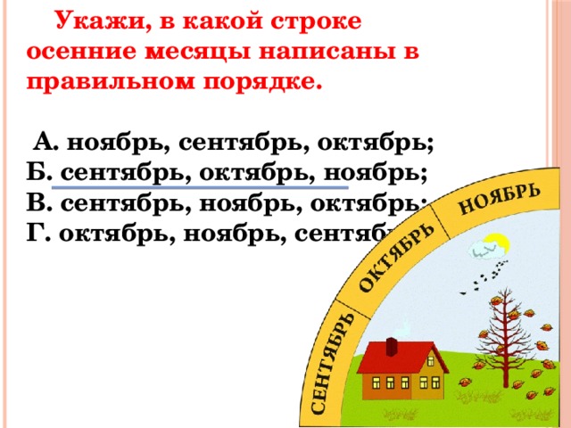 Укажи, в какой строке осенние месяцы написаны в правильном порядке.   А. ноябрь, сентябрь, октябрь; Б. сентябрь, октябрь, ноябрь; В. сентябрь, ноябрь, октябрь; Г. октябрь, ноябрь, сентябрь.