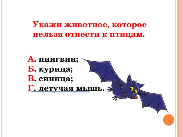 Укажи животное, которое нельзя отнести к птицам. А . пингвин; Б . курица; В . синица; Г . летучая мышь.