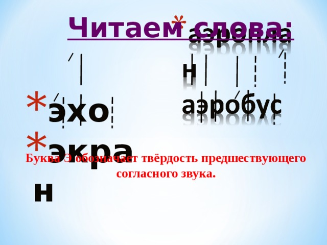 Читаем слова: эхо экран Буква Э обозначает твёрдость предшествующего согласного звука.