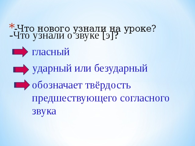 ударный или безударный -Что нового узнали на уроке? -Что узнали о звуке [э]? гласный обозначает твёрдость предшествующего согласного звука