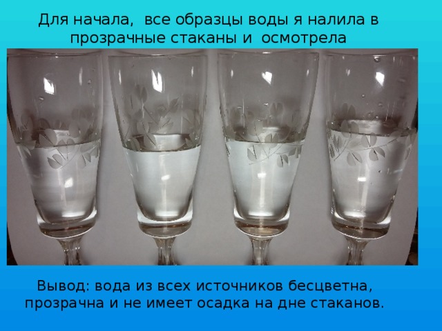 Для начала, все образцы воды я налила в прозрачные стаканы и осмотрела Вывод: вода из всех источников бесцветна, прозрачна и не имеет осадка на дне стаканов.