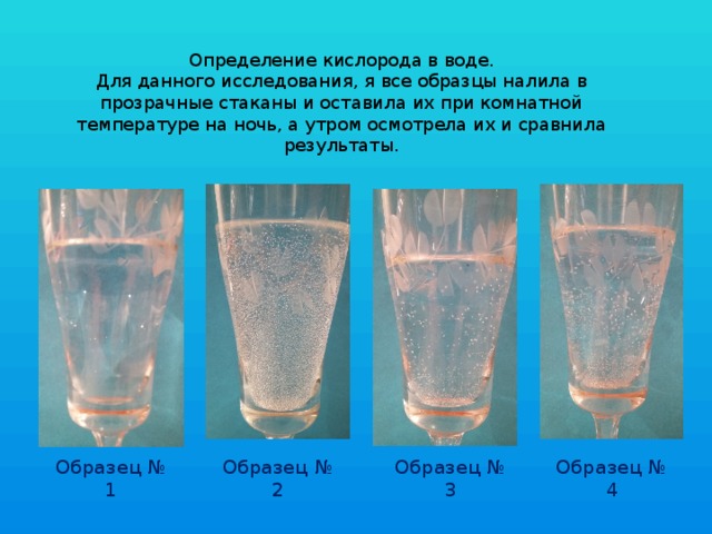Определение кислорода в воде.  Для данного исследования, я все образцы налила в прозрачные стаканы и оставила их при комнатной температуре на ночь, а утром осмотрела их и сравнила результаты. Образец № 2 Образец № 3 Образец № 4 Образец № 1