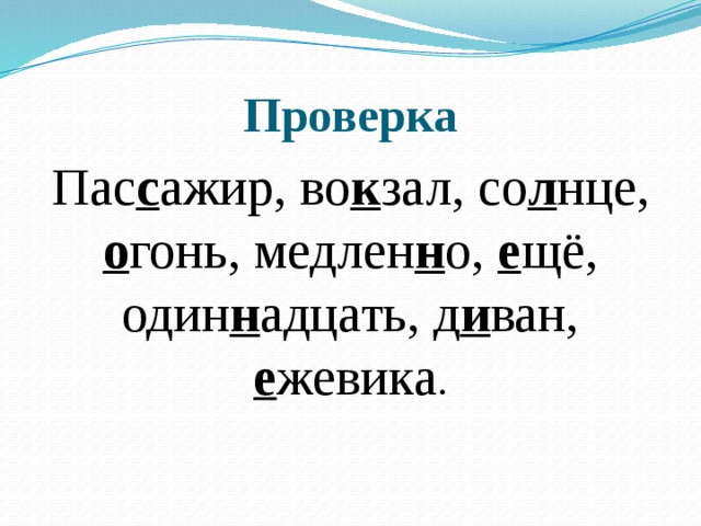 Проверка Пас с ажир, во к зал, со л нце, о гонь, медлен н о, е щё, один н адцать, д и ван,  е жевика .