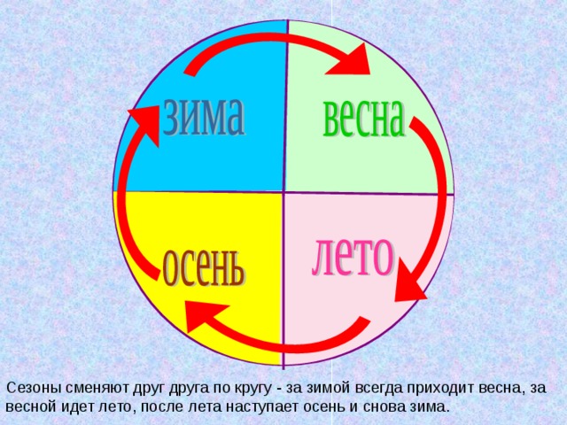 Сезоны сменяют друг друга по кругу - за зимой всегда приходит весна, за весной идет лето, после лета наступает осень и снова зима.