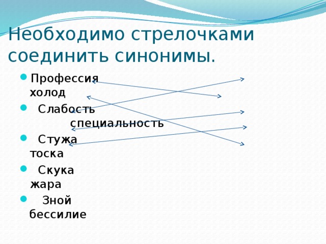 Необходимо стрелочками соединить синонимы.