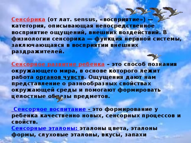 Сенсо́рика  (от лат. sensus, «восприятие») — категория, описывающая непосредственное восприятие ощущений, внешних воздействий. В физиологии сенсорика — функция нервной системы, заключающаяся в восприятии внешних раздражителей.   Сенсорное развитие ребенка   – это способ познания окружающего мира, в основе которого лежит работа органов чувств . Ощущения дают нам представление о разнообразных свойствах окружающей среды и помогают формировать целостные образы предметов.   Сенсорное воспитание - это формирование у ребенка качественно новых, сенсорных процессов и свойств.  Сенсорные эталоны: эталоны цвета, эталоны формы, слуховые эталоны, вкусы, запахи