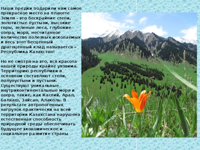 Наши предки подарили нам самое прекрасное место на планете Земля - это бескрайние степи, золотистые пустыни, высокие горы, зеленые леса, глубокие озера, моря, несчитанное количество полезных ископаемых и весь этот бесценный драгоценный клад называется – Республика Казахстан!   Но не смотря на это, вся красота нашей природы крайне уязвима. Территорию республики в основном составляют степи, полупустыни и пустыни. Существуют уникальные внутриконтинентальные моря и озера, такие, как Каспий, Арал, Балхаш, Зайсан, Алаколь. В результате антропогенных нагрузок практически на всей территории Казахстана нарушена естественная способность природной среды обеспечивать будущее экономическое и социальное развитие страны .