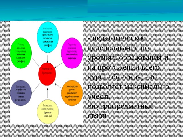 - педагогическое целеполагание по уровням образования и на протяжении всего курса обучения, что позволяет максимально учесть внутрипредметные связи