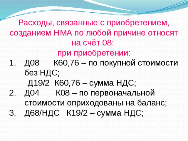 Расходы, связанные с приобретением, созданием НМА по любой причине относят на счёт 08: при приобретении: Д08 К60,76 – по покупной стоимости без НДС;  Д19/2 К60,76 – сумма НДС;