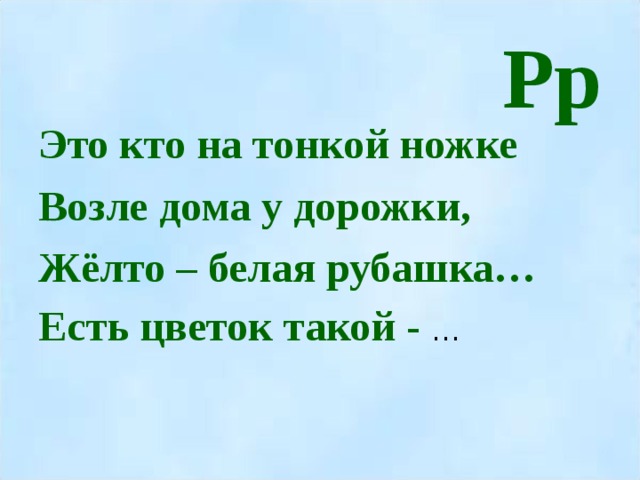 Рр Это кто на тонкой ножке Возле дома у дорожки, Жёлто – белая рубашка… Есть цветок такой - …