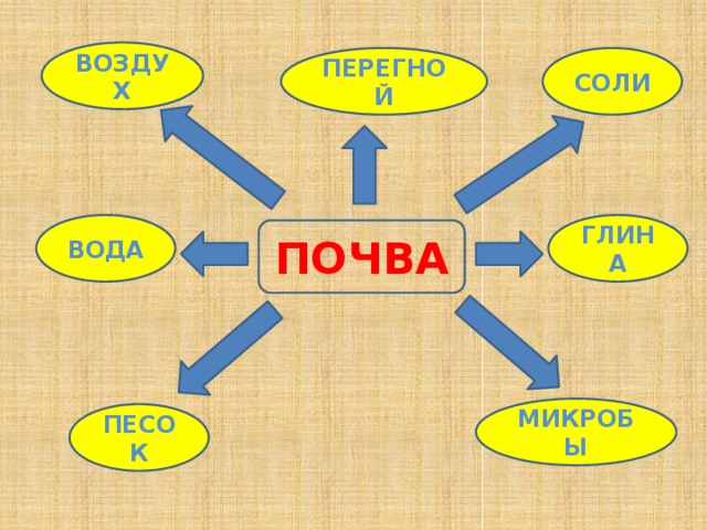 ВОЗДУХ ПЕРЕГНОЙ СОЛИ ВОДА ГЛИНА ПОЧВА МИКРОБЫ ПЕСОК