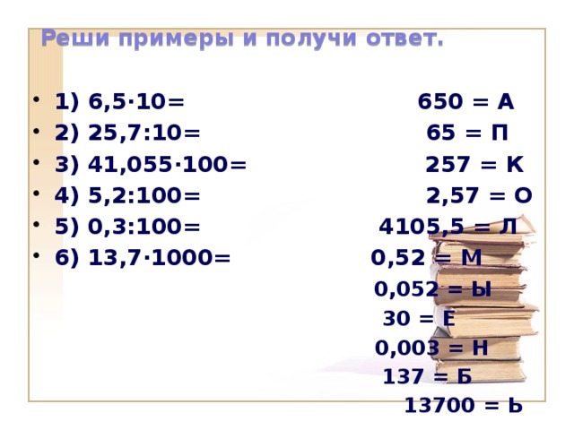 Реши примеры и получи ответ. 1) 6,5·10= 650 = А 2) 25,7:10= 65 = П 3) 41,055·100= 257 = К 4) 5,2:100= 2,57 = О 5) 0,3:100= 4105,5 = Л 6) 13,7·1000= 0,52 = М  0,052 = Ы  30 = Е  0,003 = Н  137 = Б  13700 = Ь