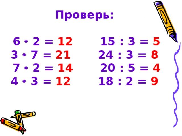 Проверь:   6  2 = 12 15 : 3 = 5  3  7 = 21 24 : 3 = 8   7  2 = 14 20 : 5 = 4  4  3 = 12 18 : 2 = 9