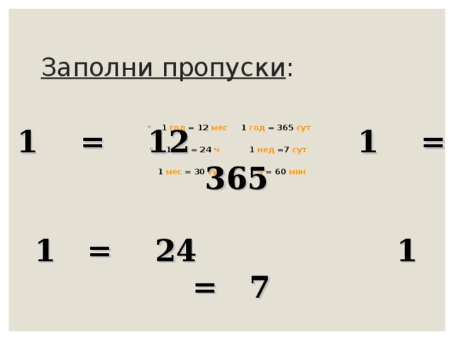 Заполни пропуски : 1 год = 12 мес 1 год = 365 сут   1 сут = 24 ч 1 нед =7 сут   1 мес = 30 сут 1 ч = 60 мин 1  = 12  1 = 365   1 = 24 1 = 7  1 = 30 1 = 60