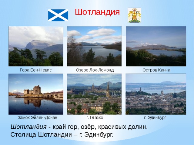 Шотландия Остров Канна Гора Бен-Невис Озеро Лох-Ломонд г. Эдинбург Замок Эйлен-Донан г. Глазко Шотландия - край гор, озёр, красивых долин. Столица Шотландии – г. Эдинбург.