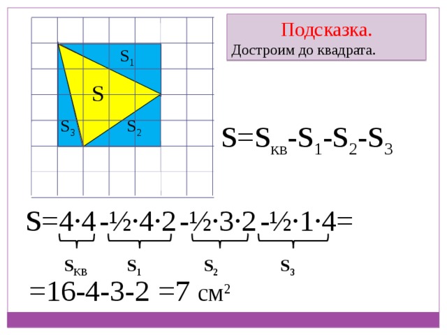 Подсказка. Достроим до квадрата. S 1 S S 2 S 3 S=S кв -S 1 -S 2 -S 3 S= 4∙4 -½∙4∙2 -½∙3∙2 -½∙1∙4= S 1 S 3 S 2 S КВ =7 см 2 =16-4-3-2