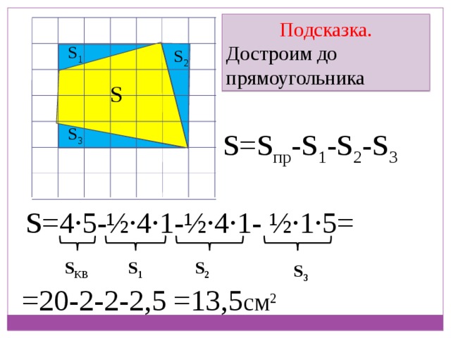 Подсказка. Достроим до прямоугольника S 1 S 2 S S 3 S=S пр -S 1 -S 2 -S 3 S=4∙5-½∙4∙1-½∙4∙1- ½∙1∙5= S КВ S 2 S 1 S 3 =13,5 см 2 =20-2-2-2,5