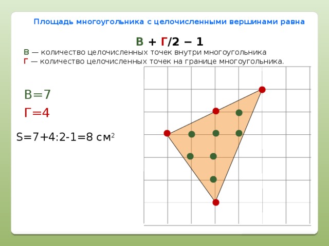 Площадь многоугольника с целочисленными вершинами равна В + Г /2 − 1 В  — количество целочисленных точек внутри многоугольника  Г   — количество целочисленных точек на границе многоугольника. В=7 Г=4 S=7+4:2-1=8 см 2