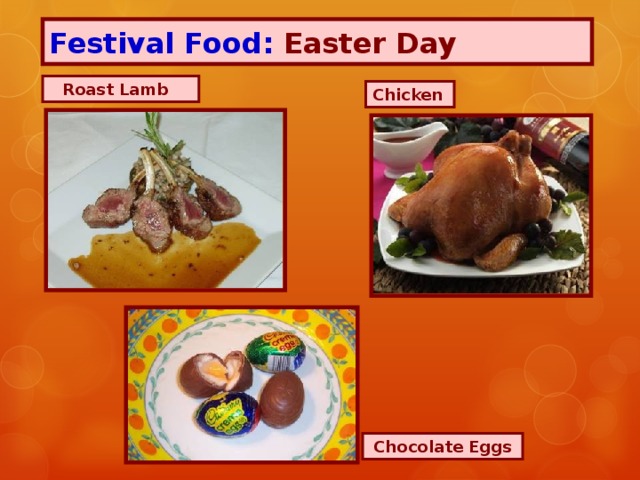 Festival Food: Easter Day Roast Lamb Chicken  Chocolate Eggs