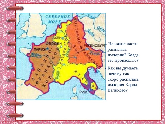 - На какие части распалась империя? Когда это произошло? - Как вы думаете, почему так скоро распалась империя Карла Великого?