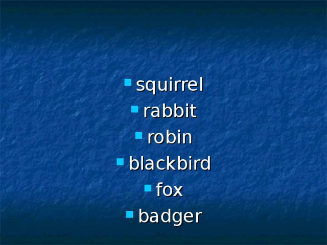 squirrel rabbit robin blackbird fox badger
