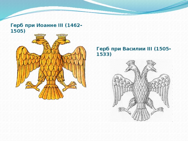 Герб при Иоанне III (1462-1505) Герб при Василии III (1505-1533)