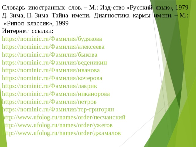 Словарь иностранных слов. – М.: Изд-ство «Русский язык», 1979 Д. Зима, Н. Зима Тайна имени. Диагностика кармы имени. – М.: «Рипол классик», 1999 Интернет ссылки: https :// nominic . ru /Фамилия/ будякова https :// nominic . ru /Фамилия/ алексеева https :// nominic . ru /Фамилия/ быкова https :// nominic . ru /Фамилия/ веденикин https :// nominic . ru /Фамилия/ иванова https :// nominic . ru /Фамилия/ кочерова https :// nominic . ru /Фамилия/ лаврик https :// nominic . ru /Фамилия/ никанорова https :// nominic . ru /Фамилия/петров https :// nominic . ru /Фамилия/ тер-григорян http :// www . ufolog . ru / names / order / песчанский http :// www . ufolog . ru / names / order / ужегов http :// www . ufolog . ru / names / order / джамалов