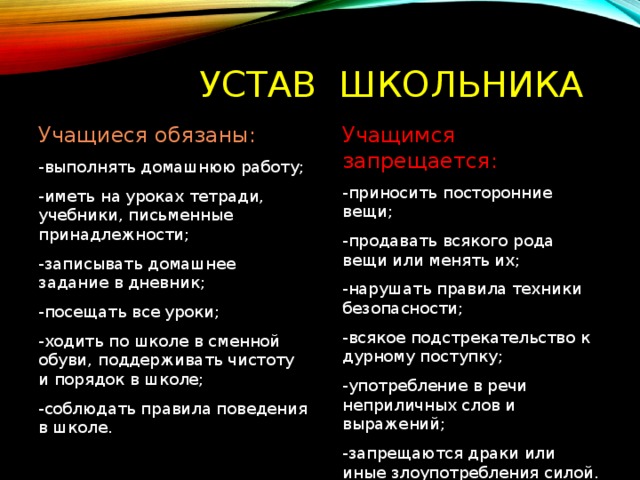 УСТАВ ШКОЛЬНИКА Учащиеся обязаны: Учащимся запрещается: -выполнять домашнюю работу; -иметь на уроках тетради, учебники, письменные принадлежности; -записывать домашнее задание в дневник; -посещать все уроки; -ходить по школе в сменной обуви, поддерживать чистоту и порядок в школе; -соблюдать правила поведения в школе. -приносить посторонние вещи; -продавать всякого рода вещи или менять их; -нарушать правила техники безопасности; -всякое подстрекательство к дурному поступку; -употребление в речи неприличных слов и выражений; -запрещаются драки или иные злоупотребления силой.