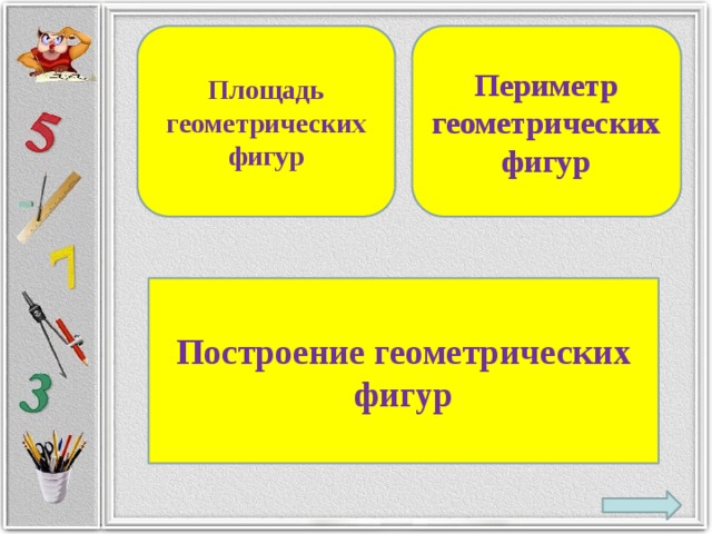 Площадь Периметр геометрических фигур геометрических фигур Построение геометрических фигур