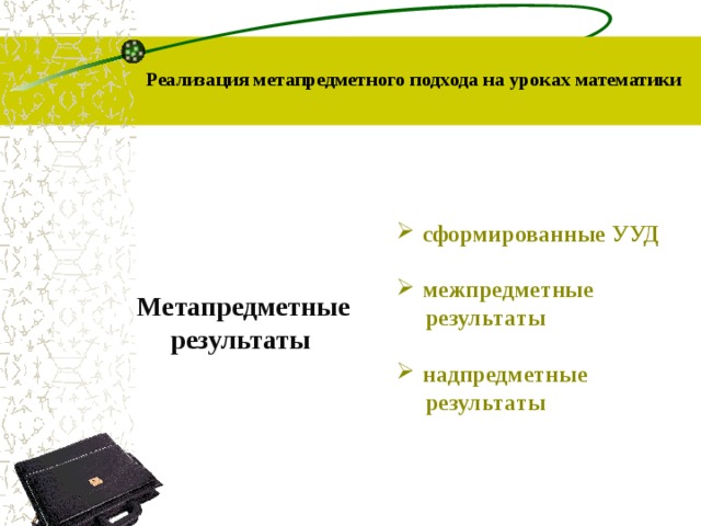 Реализация метапредметного подхода на уроках математики сформированные УУД межпредметные  результаты надпредметные  результаты Метапредметные  результаты