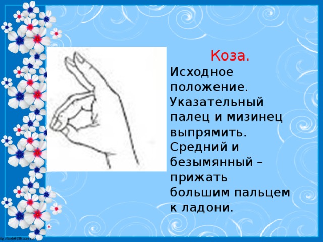 Коза. Исходное положение. Указательный палец и мизинец выпрямить. Средний и безымянный – прижать большим пальцем к ладони.