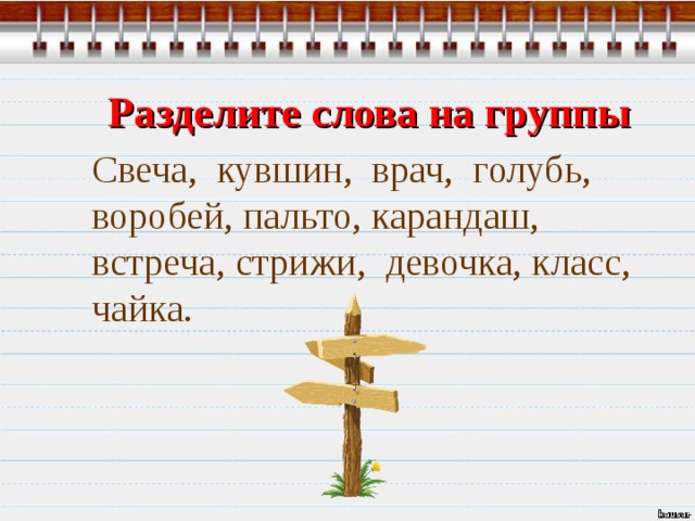 Разделите слова на группы Свеча, кувшин, врач, голубь, воробей, пальто, карандаш, встреча, стрижи, девочка, класс, чайка.