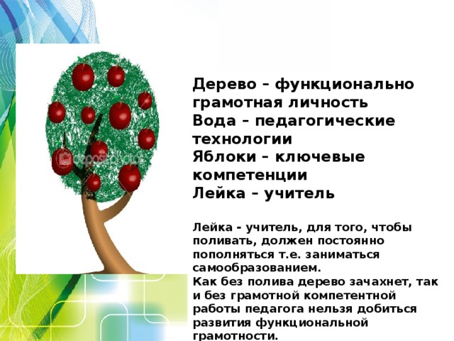 Дерево – функционально грамотная личность Вода – педагогические технологии Яблоки – ключевые компетенции Лейка – учитель  Лейка - учитель, для того, чтобы поливать, должен постоянно пополняться т.е. заниматься самообразованием. Как без полива дерево зачахнет, так и без грамотной компетентной работы педагога нельзя добиться развития функциональной грамотности.