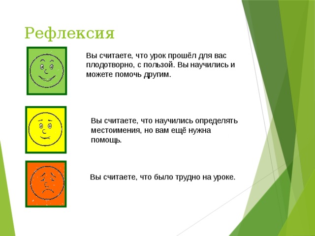 Рефлексия Вы считаете, что урок прошёл для вас плодотворно, с пользой. Вы научились и можете помочь другим. Вы считаете, что научились определять местоимения, но вам ещё нужна помощь. Вы считаете, что было трудно на уроке.