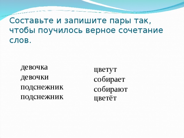 Составьте и запишите пары так, чтобы поучилось верное сочетание слов. цветут собирает собирают цветёт   девочка девочки подснежник подснежник