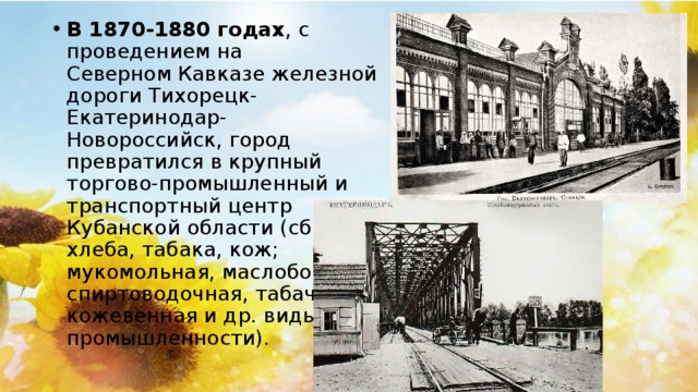 В 1870-1880 годах , с проведением на Северном Кавказе железной дороги Тихорецк-Екатеринодар-Новороссийск, город превратился в крупный торгово-промышленный и транспортный центр Кубанской области (сбыт хлеба, табака, кож; мукомольная, маслобойная, спиртоводочная, табачная, кожевенная и др. виды промышленности).