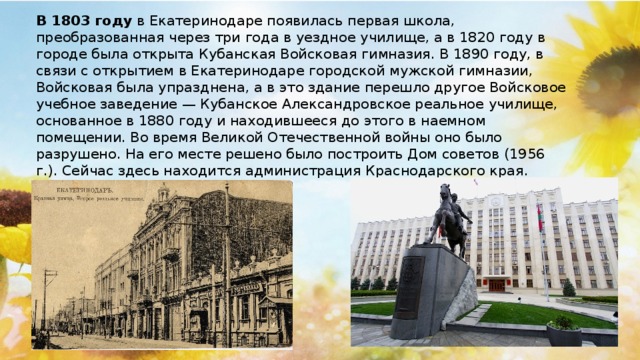 В 1803 году  в Екатеринодаре появилась первая школа, преобразованная через три года в уездное училище, а в 1820 году в городе была открыта Кубанская Войсковая гимназия. В 1890 году, в связи с открытием в Екатеринодаре городской мужской гимназии, Войсковая была упразднена, а в это здание перешло другое Войсковое учебное заведение — Кубанское Александровское реальное училище, основанное в 1880 году и находившееся до этого в наемном помещении. Во время Великой Отечественной войны оно было разрушено. На его месте решено было построить Дом советов (1956 г.). Сейчас здесь находится администрация Краснодарского края.