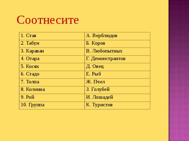 Соотнесите 1. Стая 2. Табун А. Верблюдов Б. Коров 3. Караван В. Любопытных 4. Отара Г. Демонстрантов 5. Косяк 6. Стадо Д. Овец Е. Рыб 7. Толпа Ж. Пчел 8. Колонна З. Голубей 9. Рой И. Лошадей 10. Группа К. Туристов