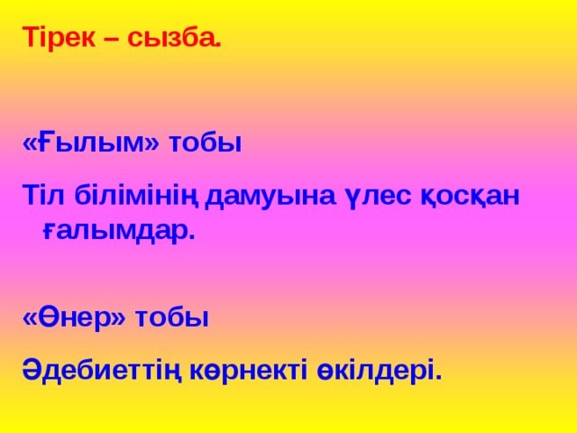 Тірек – сызба.  «Ғылым» тобы  Тіл білімінің дамуына үлес қосқан ғалымдар.   «Өнер» тобы Әдебиеттің көрнекті өкілдері.