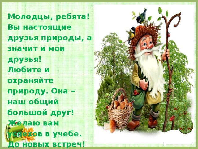 Молодцы, ребята! Вы настоящие друзья природы, а значит и мои друзья! Любите и охраняйте природу. Она – наш общий большой друг! Желаю вам успехов в учебе. До новых встреч! Ваш Лесовичок.